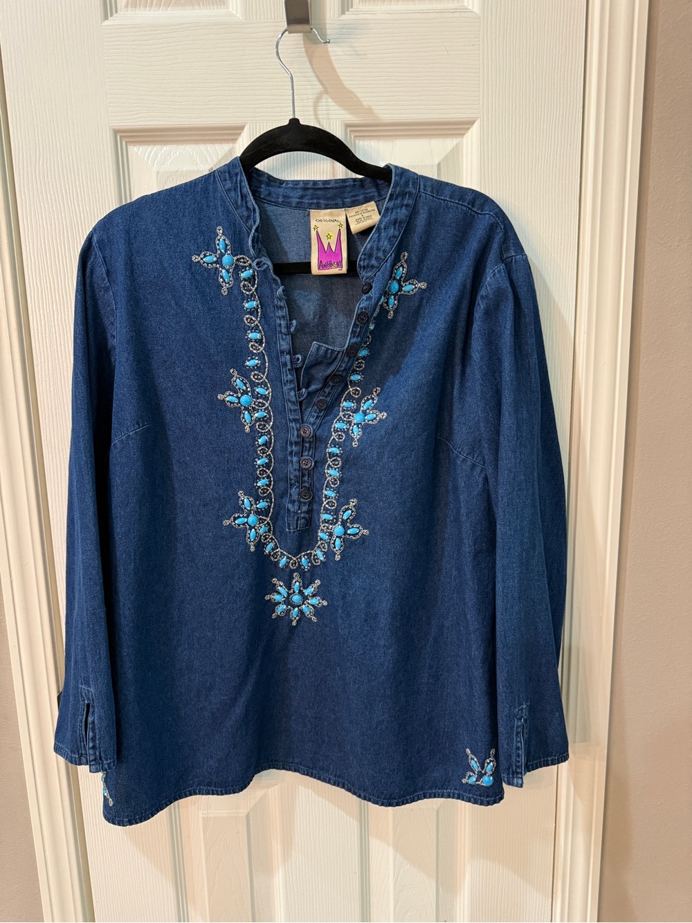 Anthony original Embroidered Indigo Denim Tunic Top - Womens size L NWOT